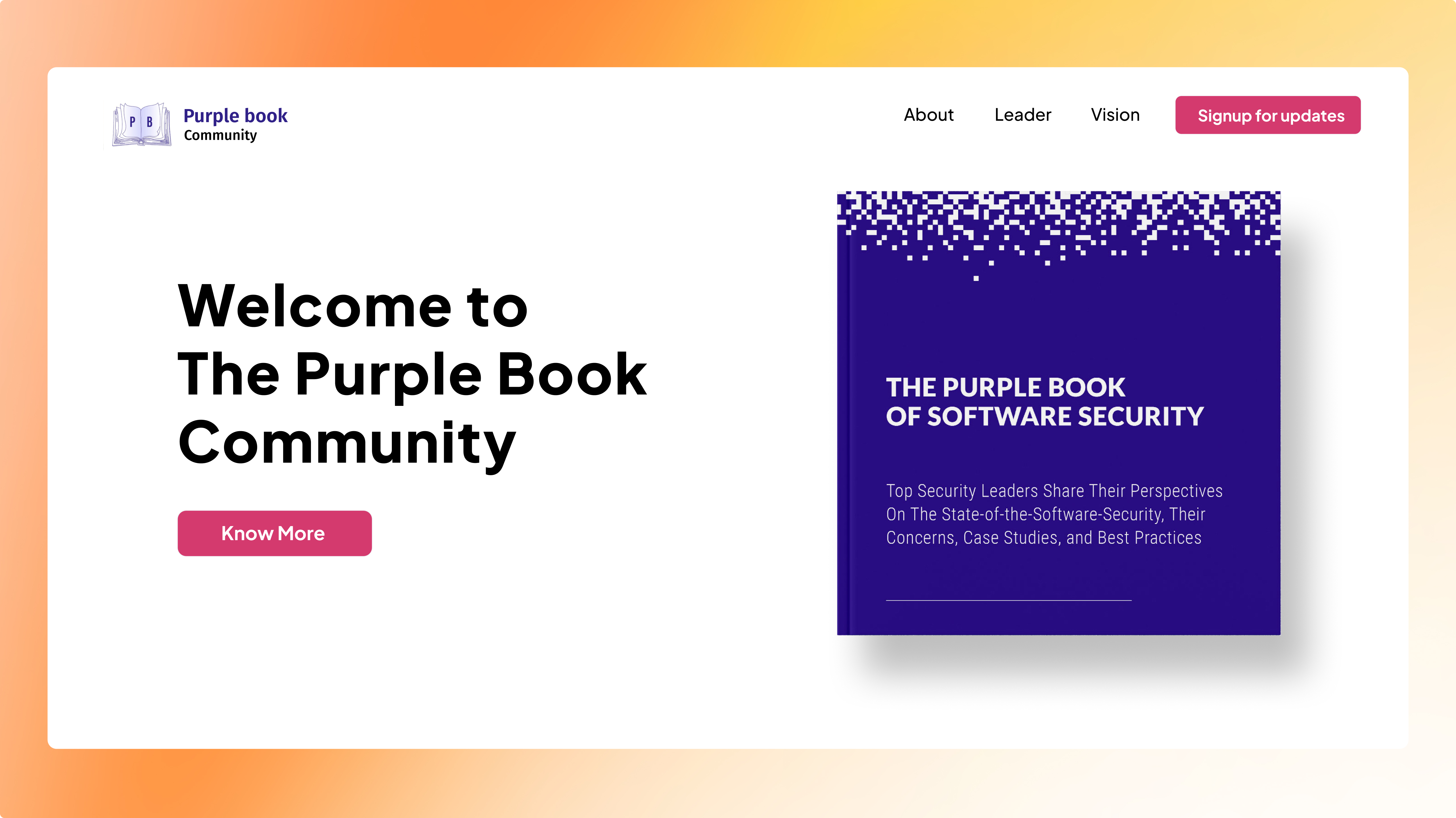 Website homepage banner with a purple book titled 'The Purple Book of Software Security' and a welcome message for The Purple Book Community with a 'Know More' button.
