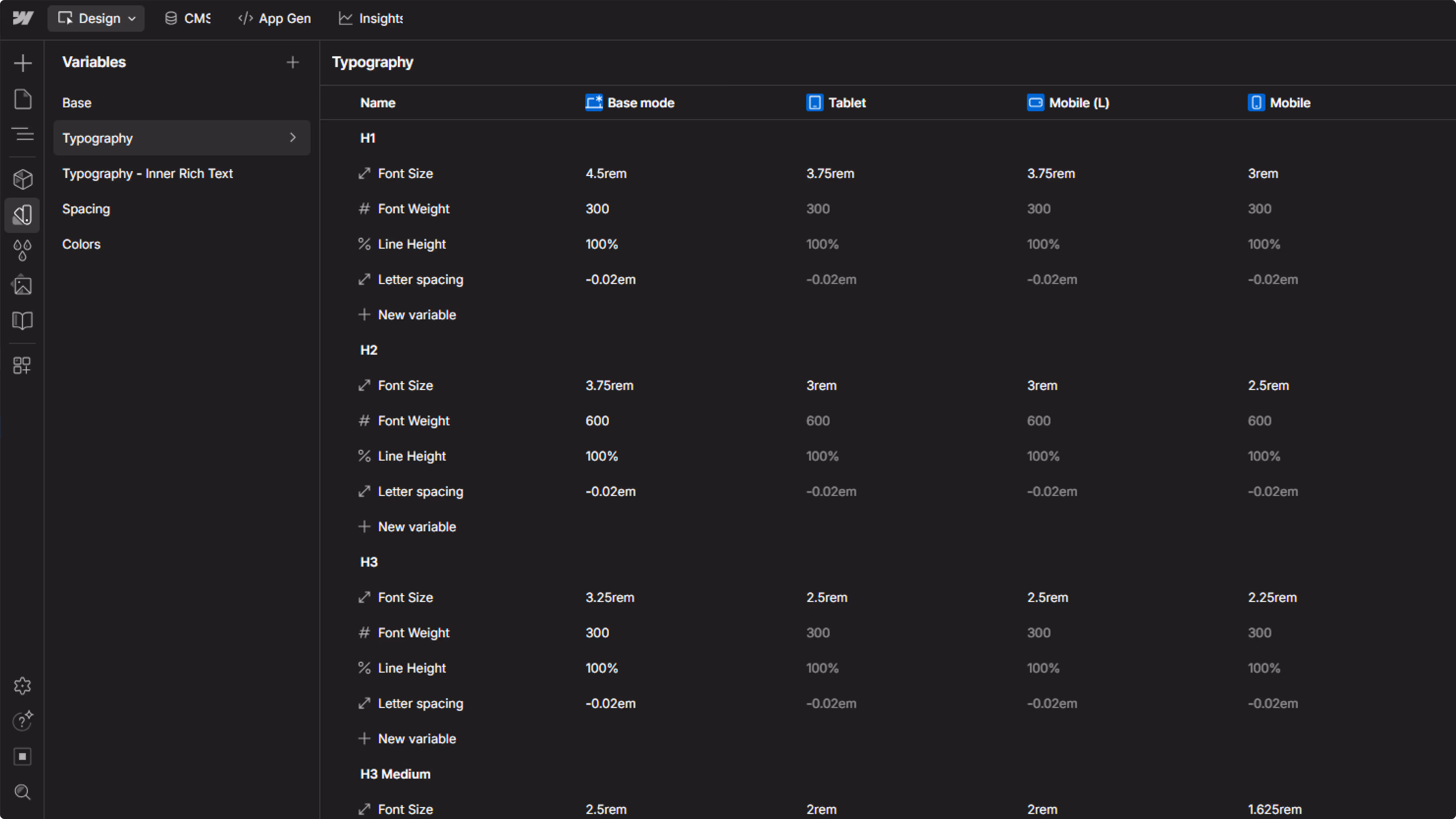 Web design tool interface showing typography settings for H1, H2, H3, and H3 Medium heading styles with font size, weight, line height, and letter spacing across base, tablet, and mobile views.