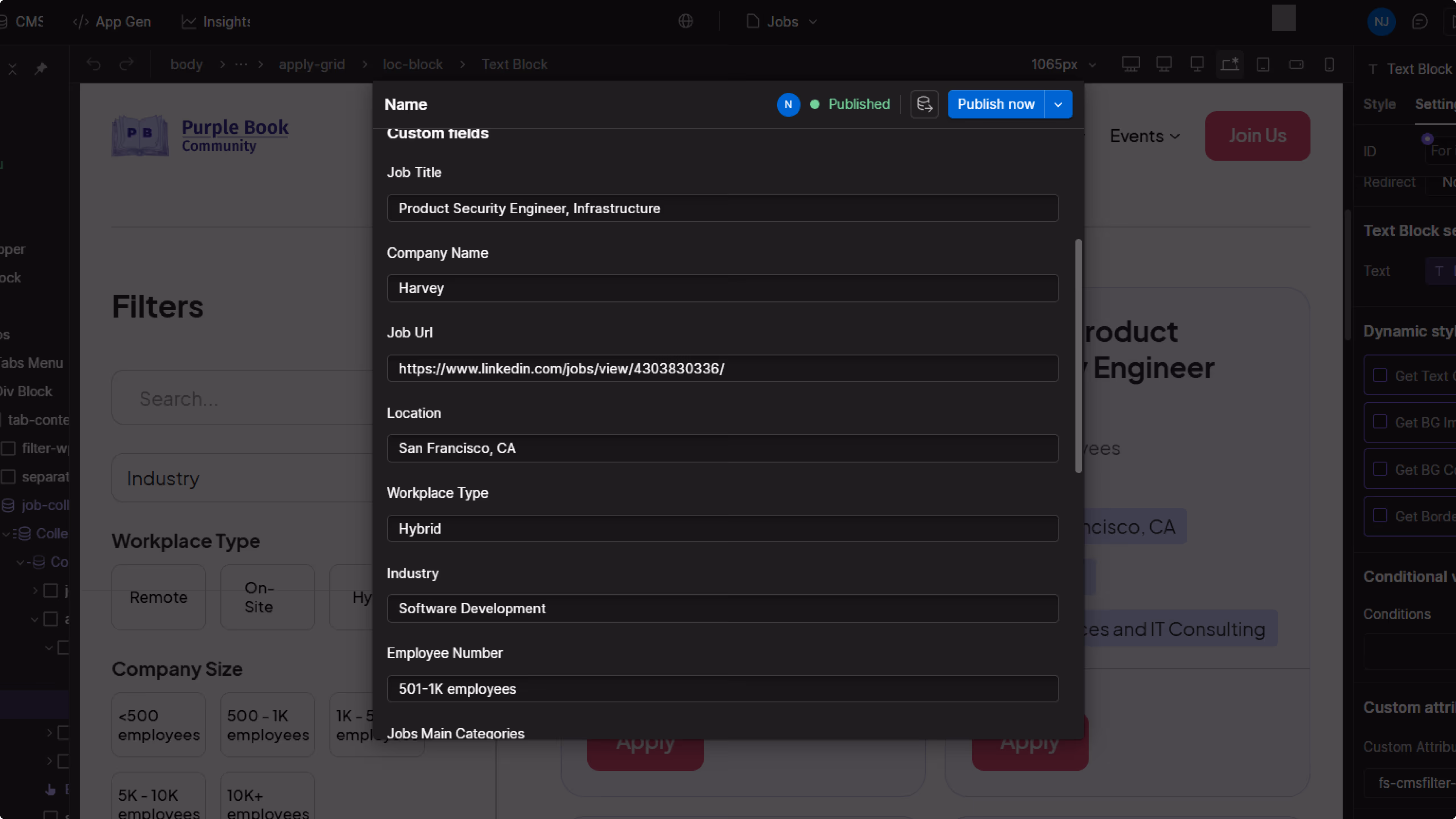 Job details panel showing Product Security Engineer at Harvey in San Francisco with hybrid workplace, software development industry, and 501-1K employees.