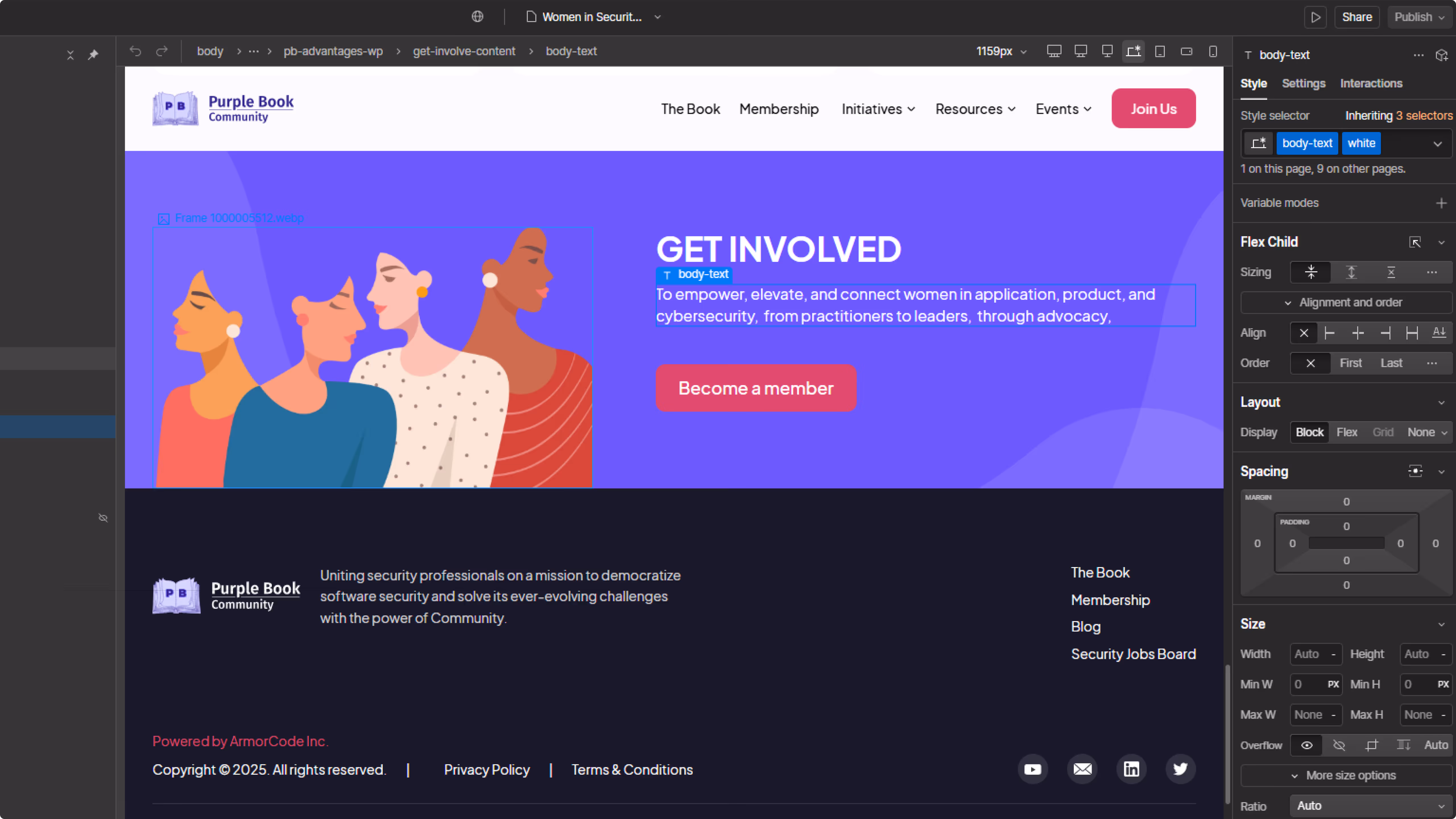 Illustration of four diverse women in profile with a call to action to join Purple Book Community to empower and connect women in cybersecurity.