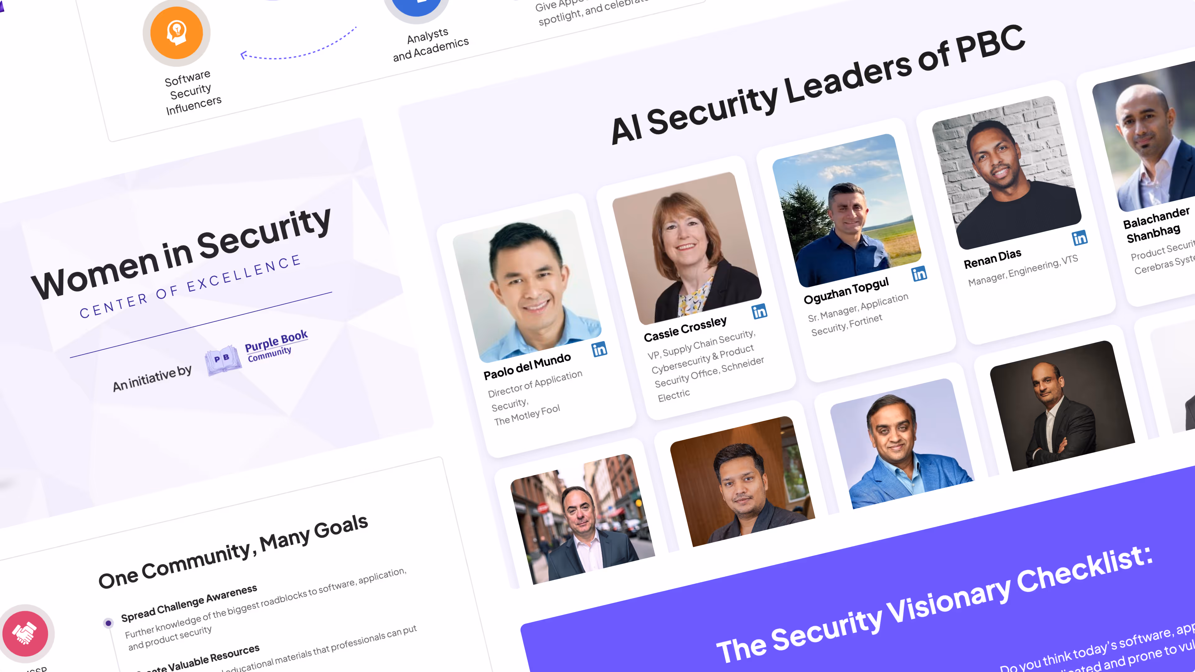 Collage highlighting Women in Security Center of Excellence by Purple Book and AI Security Leaders of PBC with portraits and names of security professionals.