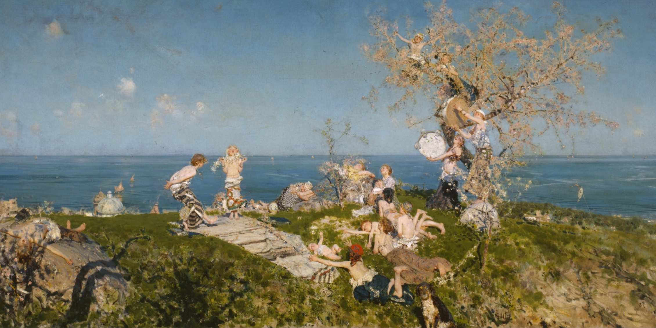 People frolic on the grass and in a tree by the seaside. Francesco Paolo Michetti, "Springtime and Love", 1878.