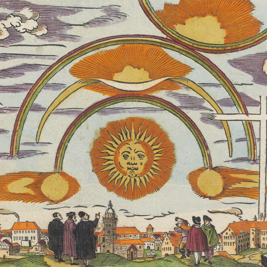 Orbs and rainbows circling the sun in Nuremberg, 1580, which the author interpreted as a sign of clerical regime change.