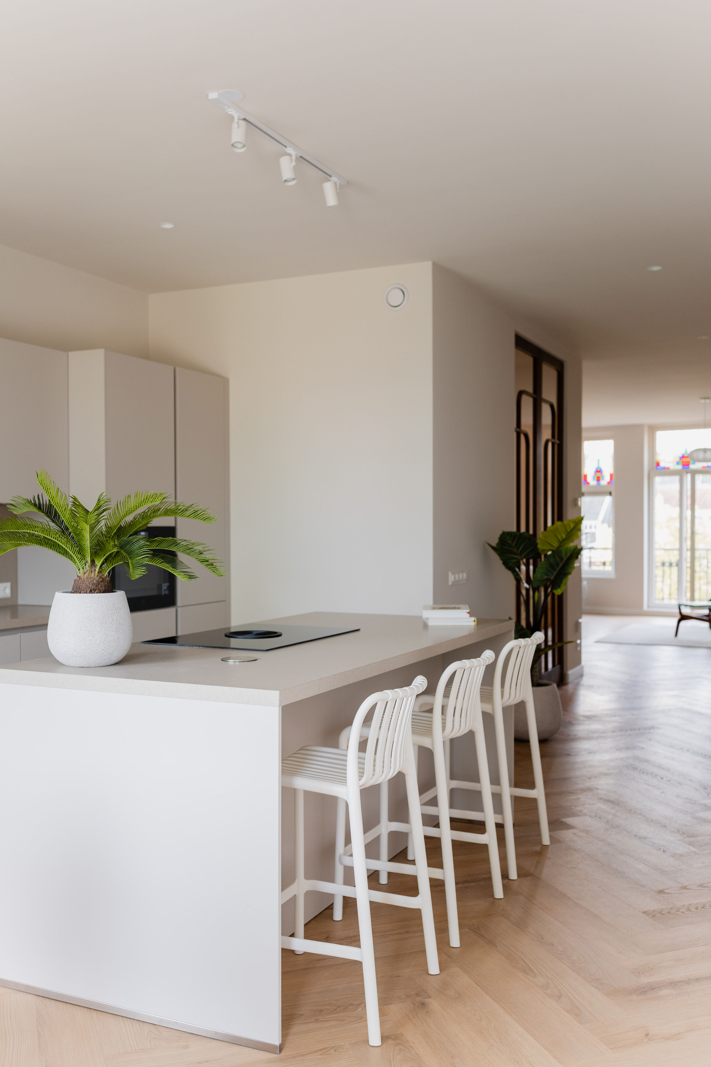 Moderne keuken met kookeiland in gerenoveerd appartement