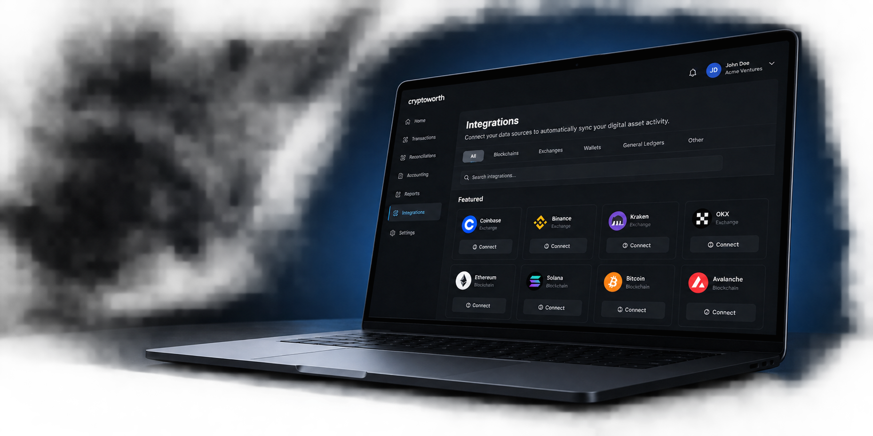 Cryptoworth digital asset integrations platform displayed on a laptop