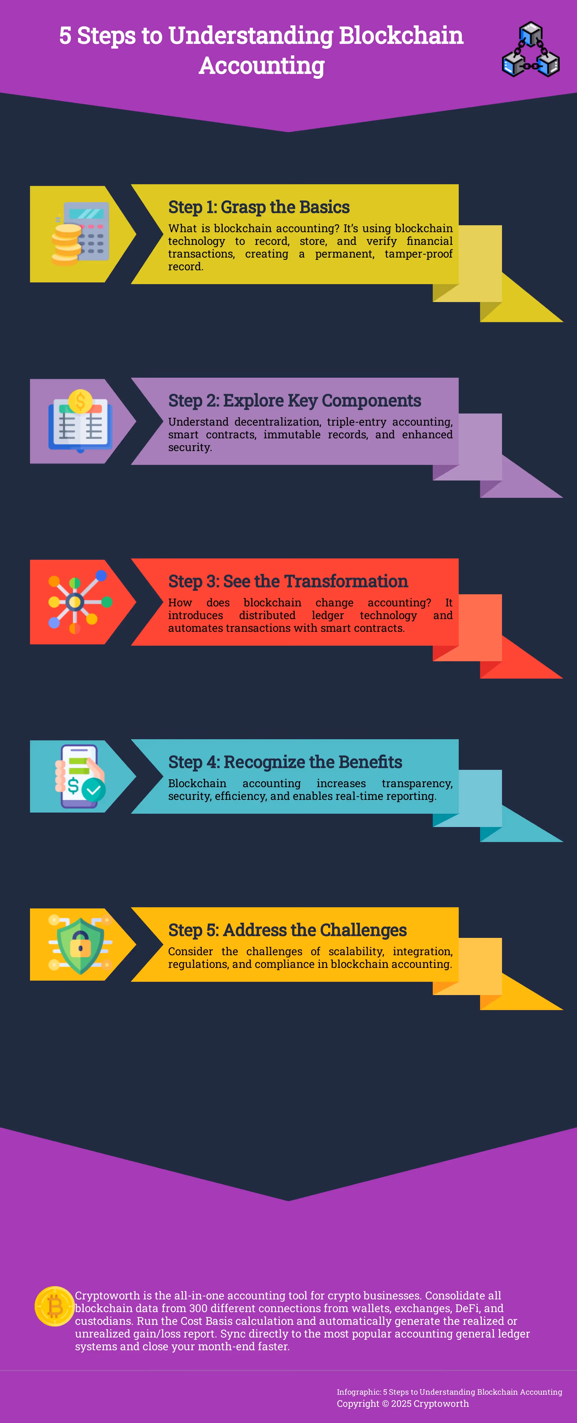 5 Steps to Understanding Blockchain Accounting Infographic explaining blockchain accounting in 5 steps.