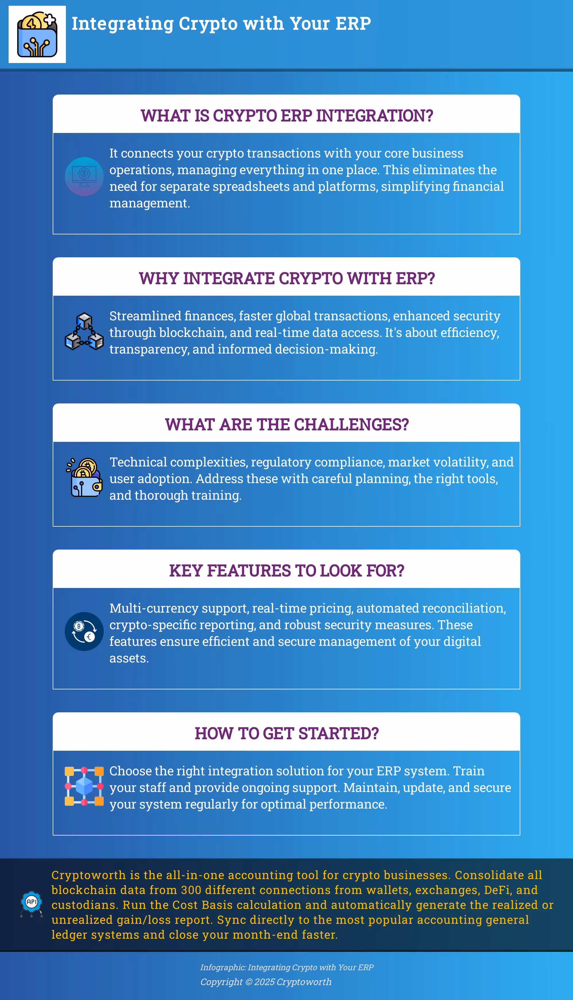 Integrating Crypto with Your ERP Infographic explaining the benefits and considerations of integrating cryptocurrency with ERP systems.
