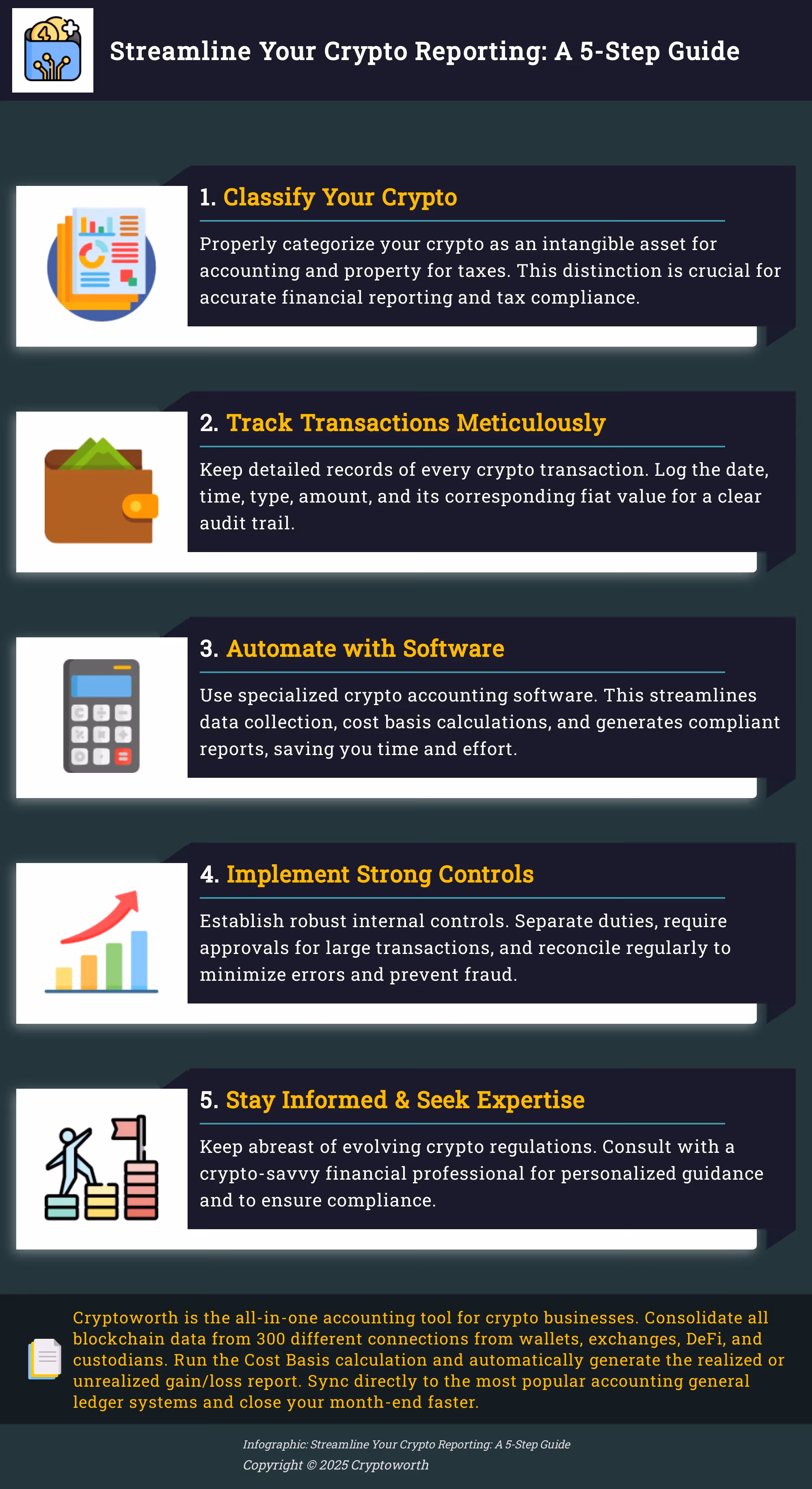 A 5-step infographic guiding users on how to streamline their crypto reporting process.