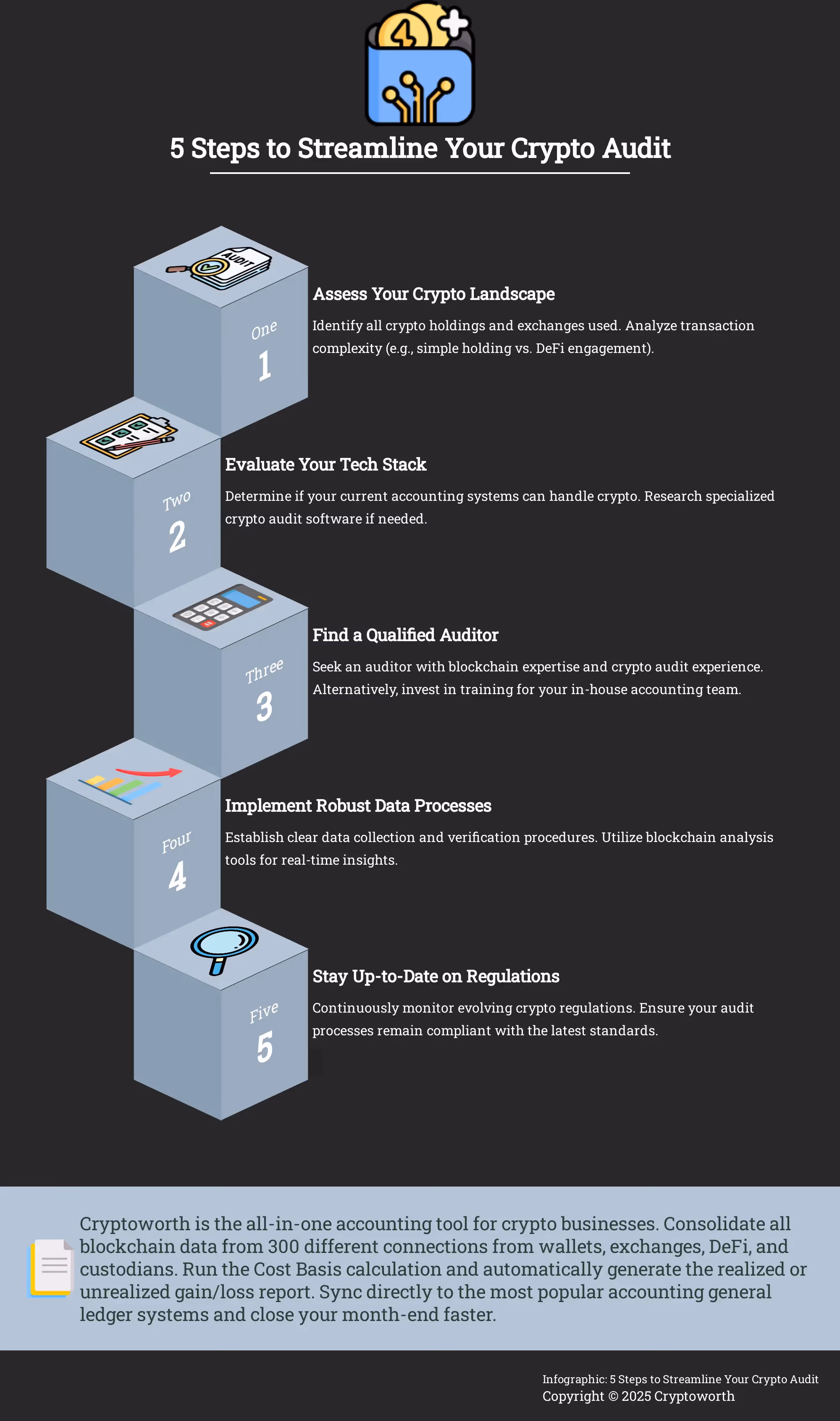 5 Steps to Streamline Your Crypto Audit Infographic outlining 5 steps to streamline the crypto audit process.