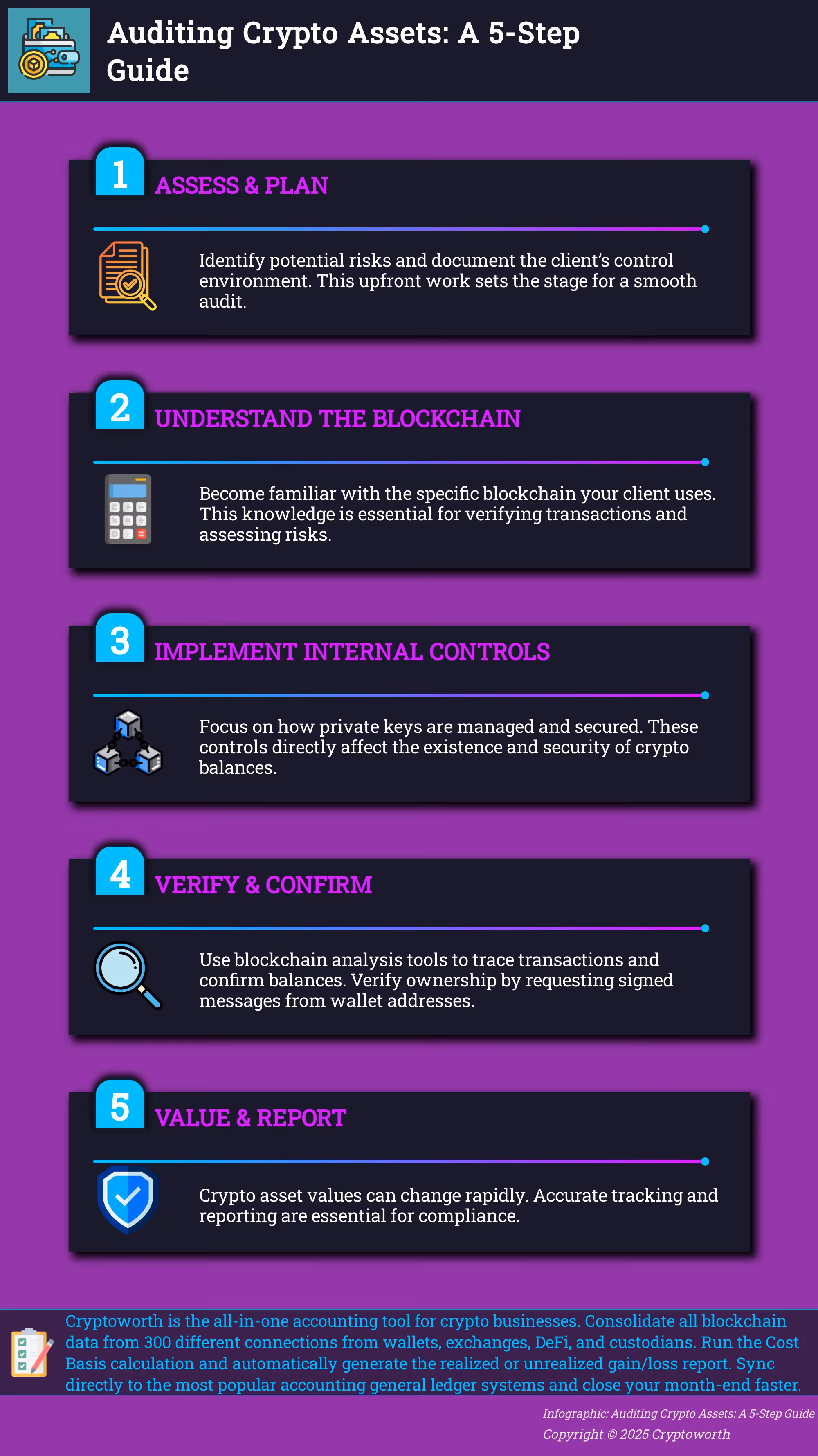 Infographic outlining 5 steps to audit crypto assets.