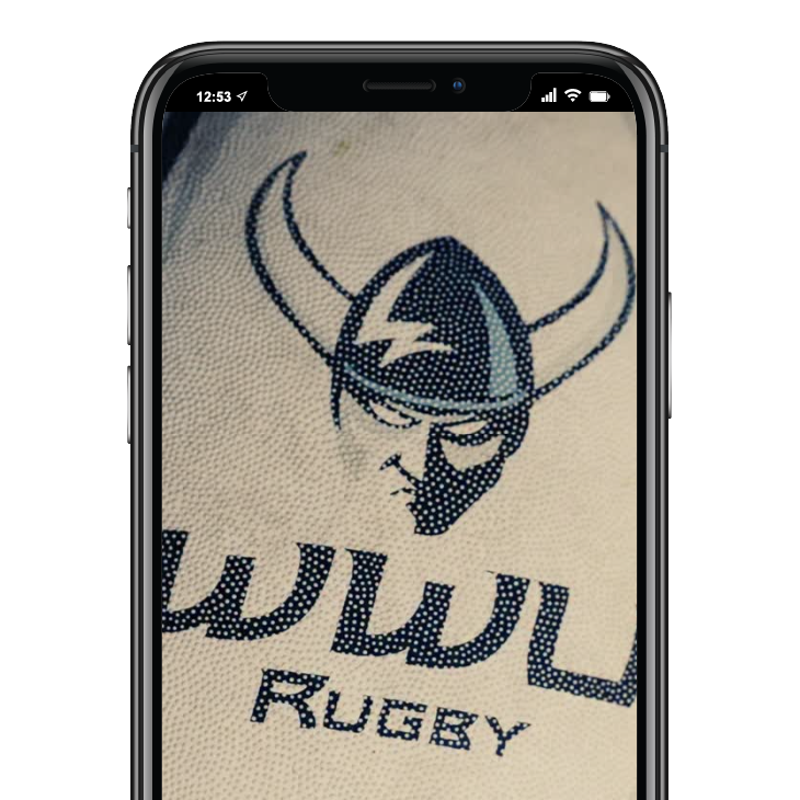 Close-up of an iPhone screen displaying a textured fabric with a Viking helmet logo and the text 'WWU Rugby'.