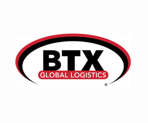 BTX Global Logistics logo with black and red curved lines forming an oval.
