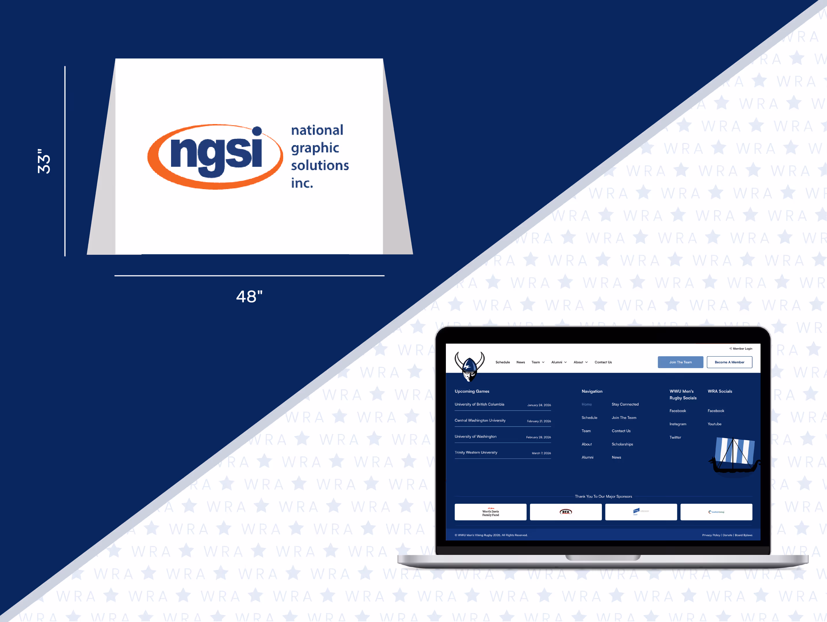 Table tent card with NGSI logo and dimensions 33 by 48 inches, alongside a laptop screen displaying WWU Men's Viking Rugby website footer with upcoming games, navigation links, social media, and sponsor logos.