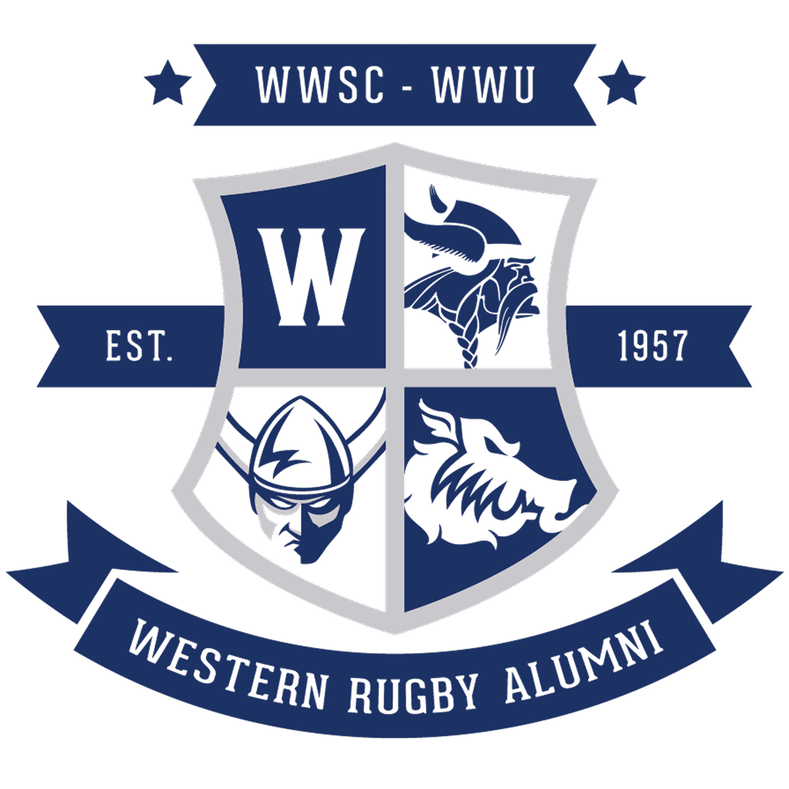 Shield emblem with Viking helmet, wolf head, letter W, and text Western Rugby Alumni, WWSC-WWU Est. 1957.