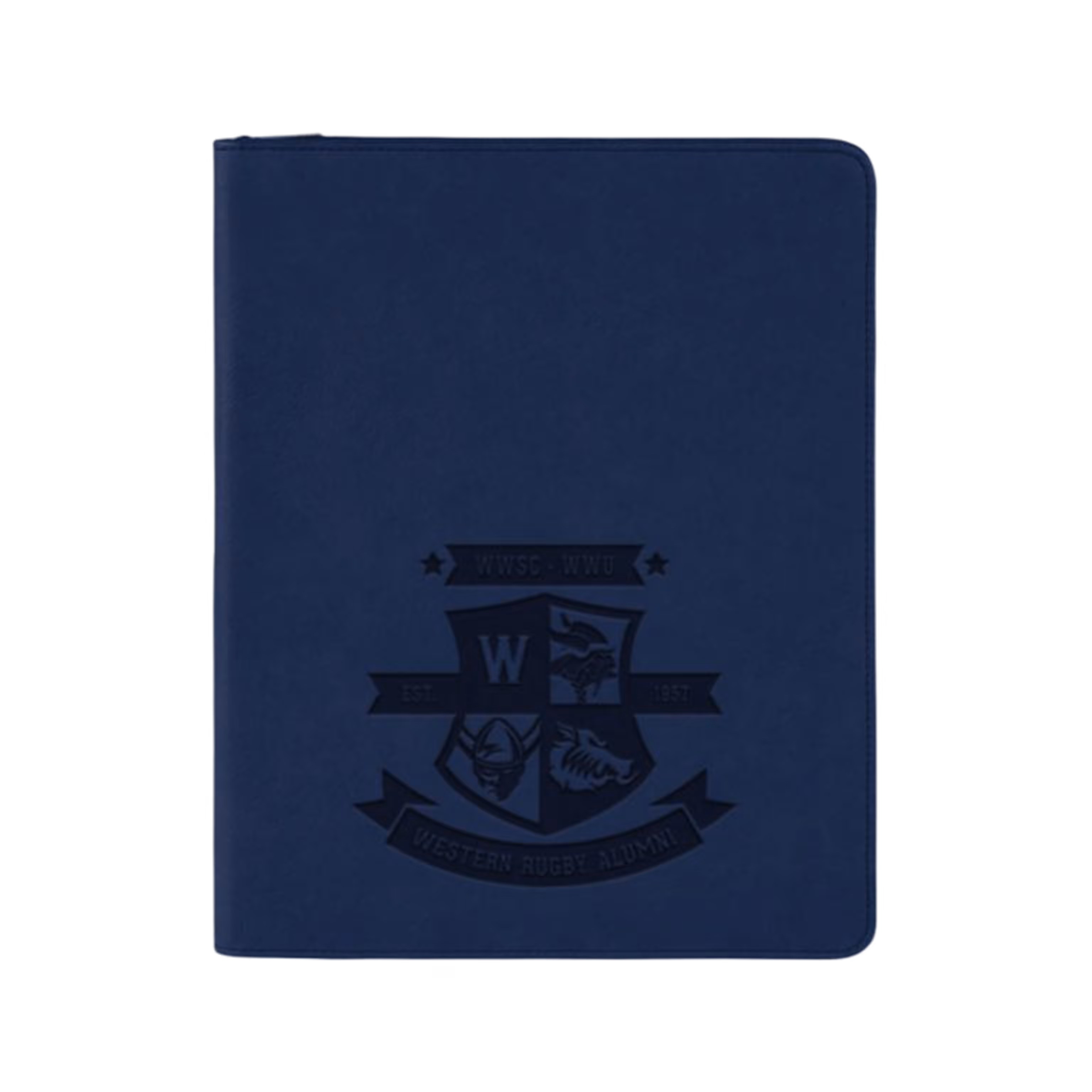 Closed navy blue zippered padfolio with Western Rugby Alumni crest on the cover.