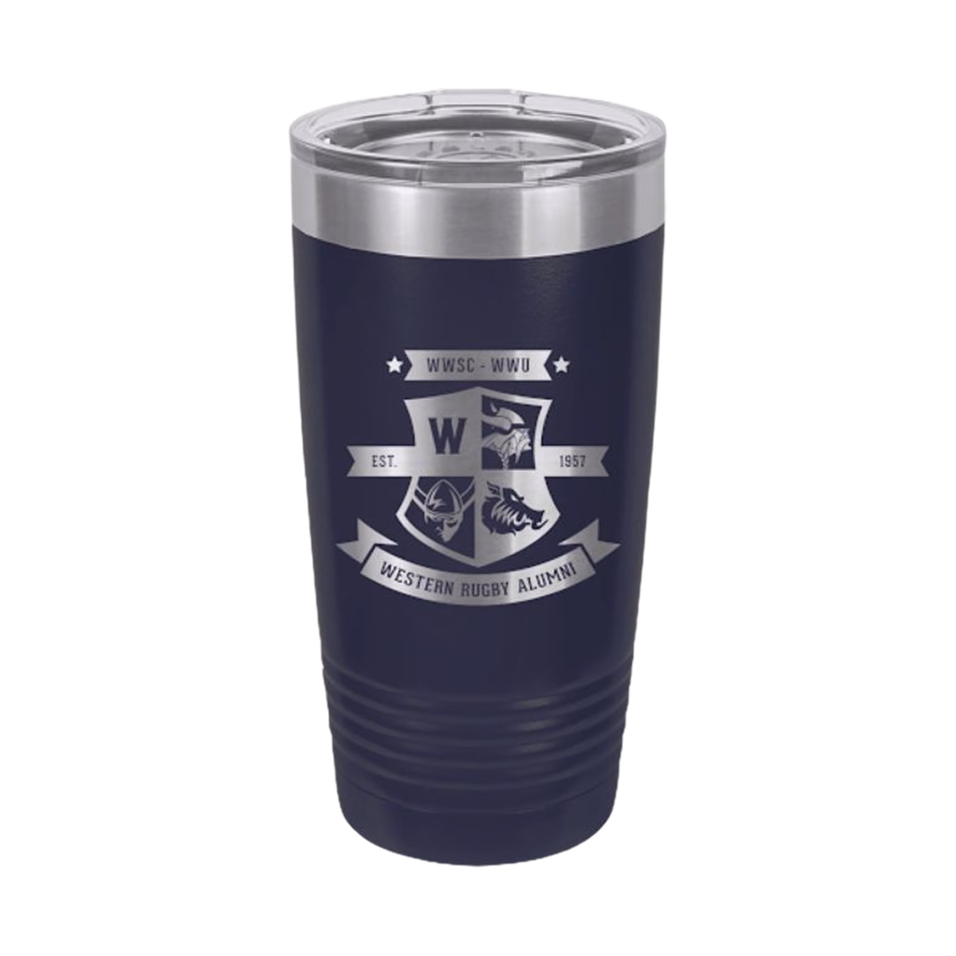 Navy blue insulated tumbler with silver lid and Western Rugby Alumni logo.