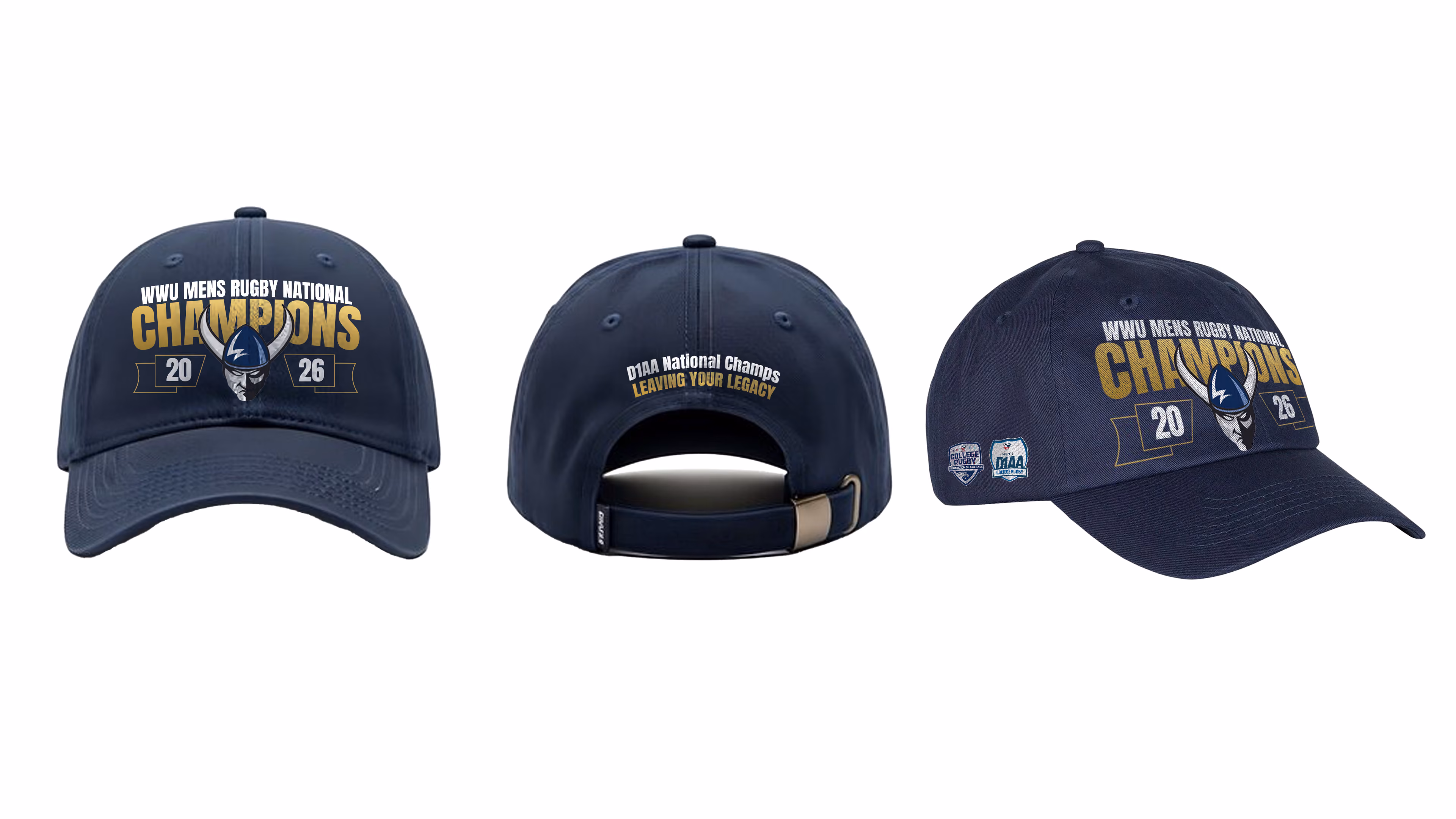 Navy blue baseball cap with WWU Mens Rugby National Champions 2026 text and Viking logo in front and back.