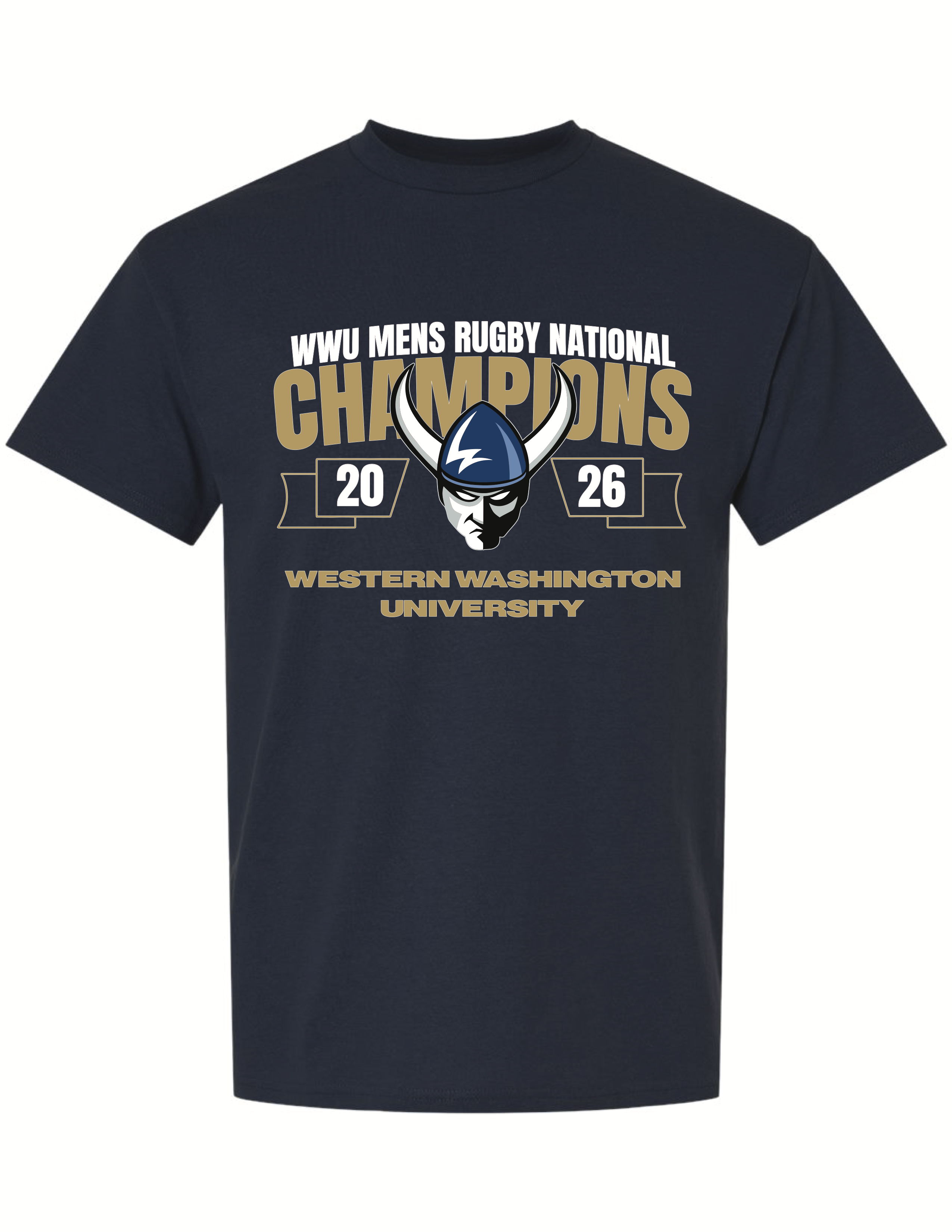 Navy shirt with WWU Mens Rugby National Champions 2026 and Viking helmet logo for Western Washington University.
