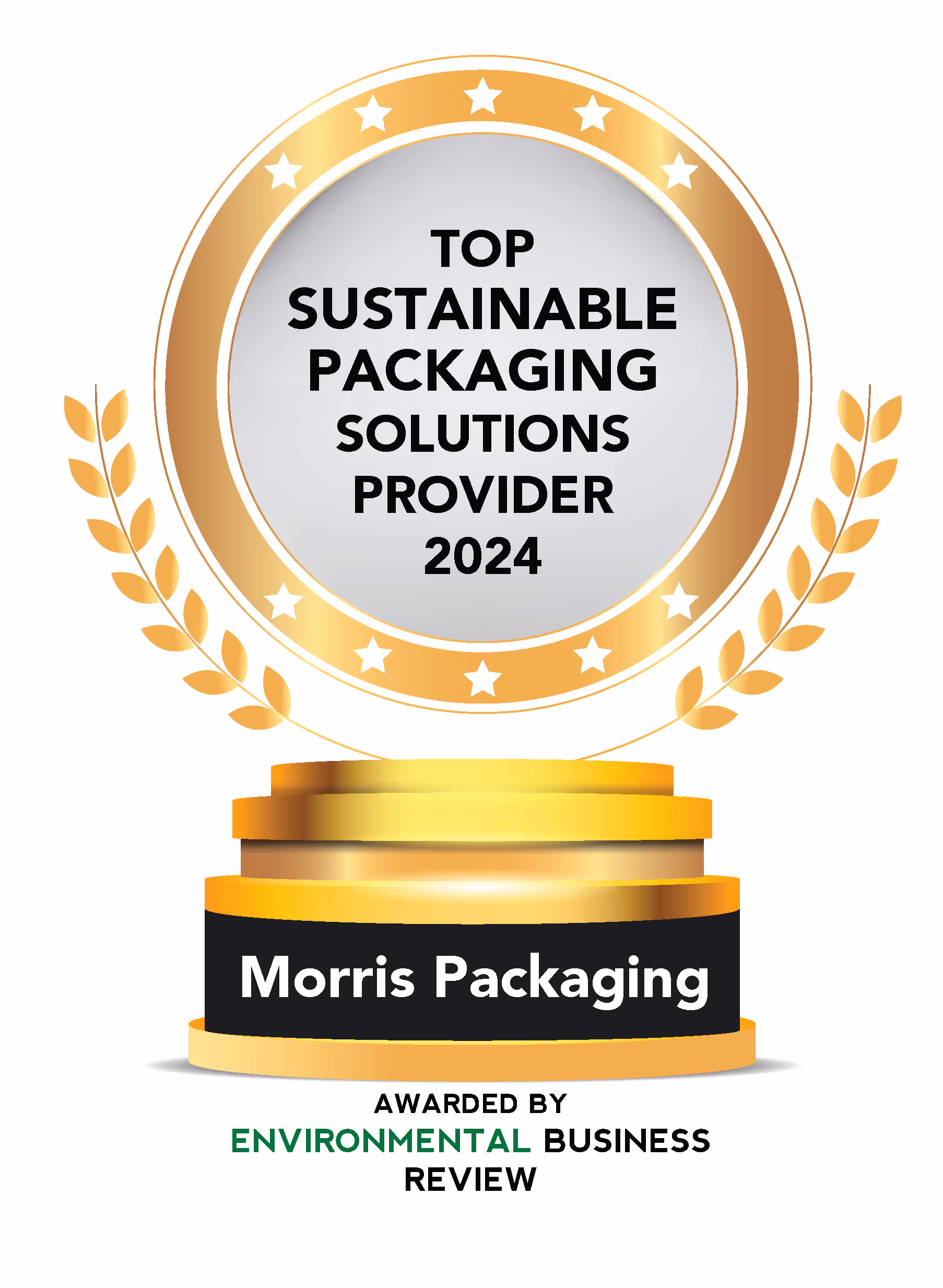 Gold award badge stating 'Top Sustainable Packaging Solutions Provider 2024' presented to Morris Packaging by Environmental Business Review.