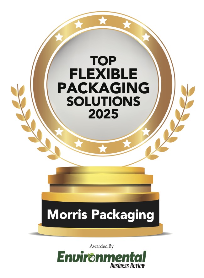 Gold award badge stating 'Top Sustainable Packaging Solutions Provider 2024' presented to Morris Packaging by Environmental Business Review.