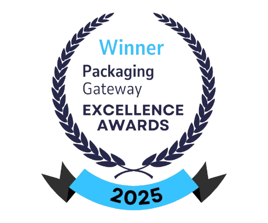 Dark blue circular award badge stating 'Best Packaging Supplier 2020,' awarded for holistic sustainability by the Pet Sustainability Coalition.