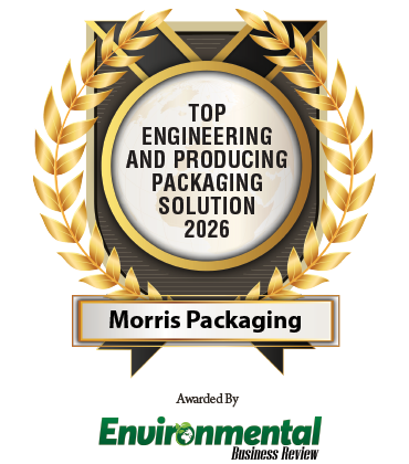 Gold award badge stating 'Top Sustainable Packaging Solutions Provider 2024' presented to Morris Packaging by Environmental Business Review.