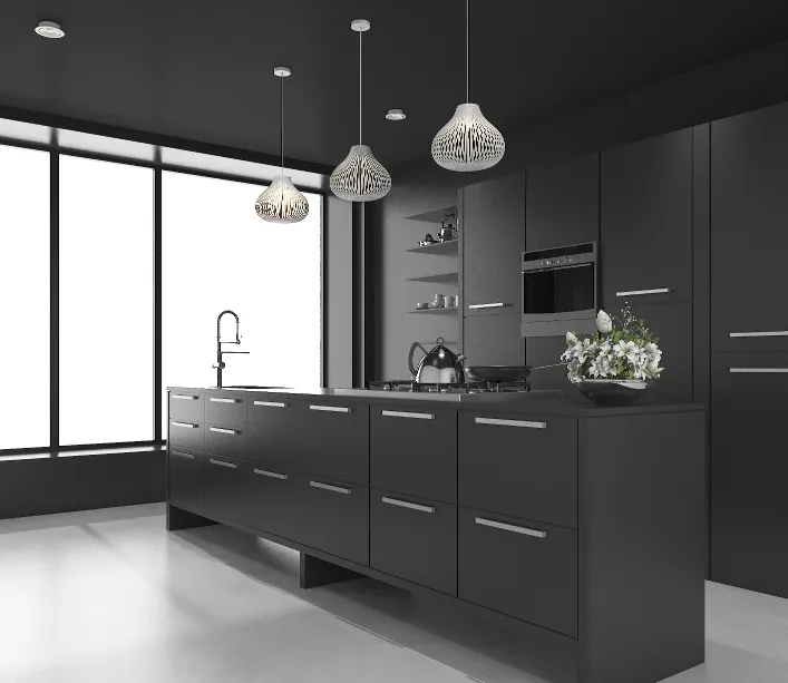 Modern kitchen with dark cabinets, island and pendant lights