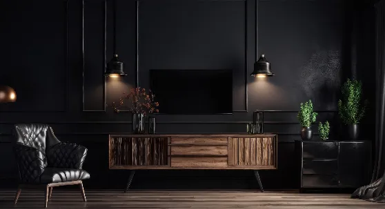 Dark-paneled living room with a wood media console
