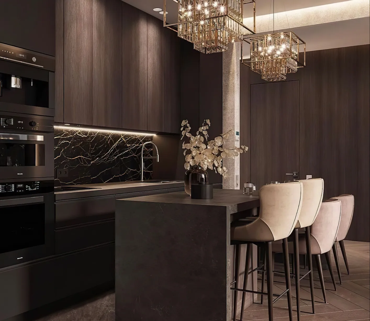 Dark kitchen with built-in LED lighting, a marble backsplash, wall ovens and island seating