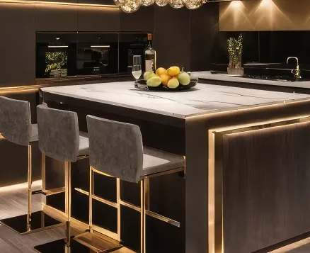 Dark kitchen with LED accent lighting around the island and under the cabinets