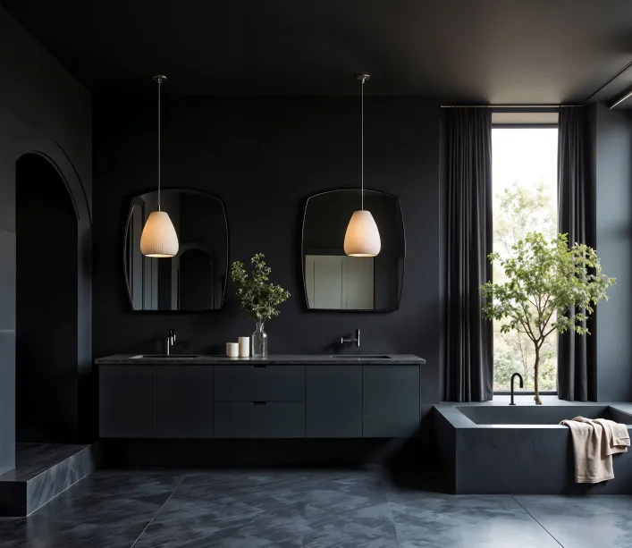Dark bathroom with a double vanity, pendant lights and a soaking tub