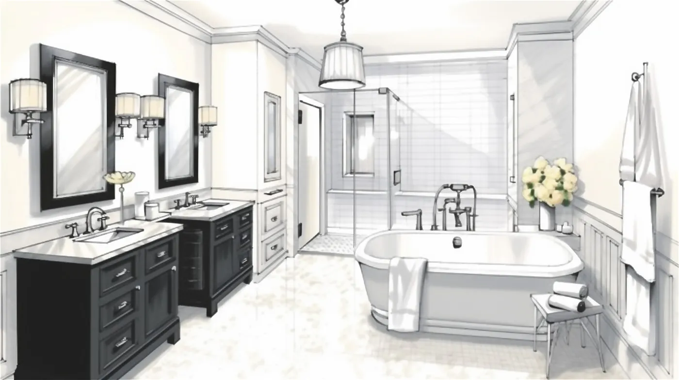 Sketch of a bathroom design with a double vanity and freestanding tub