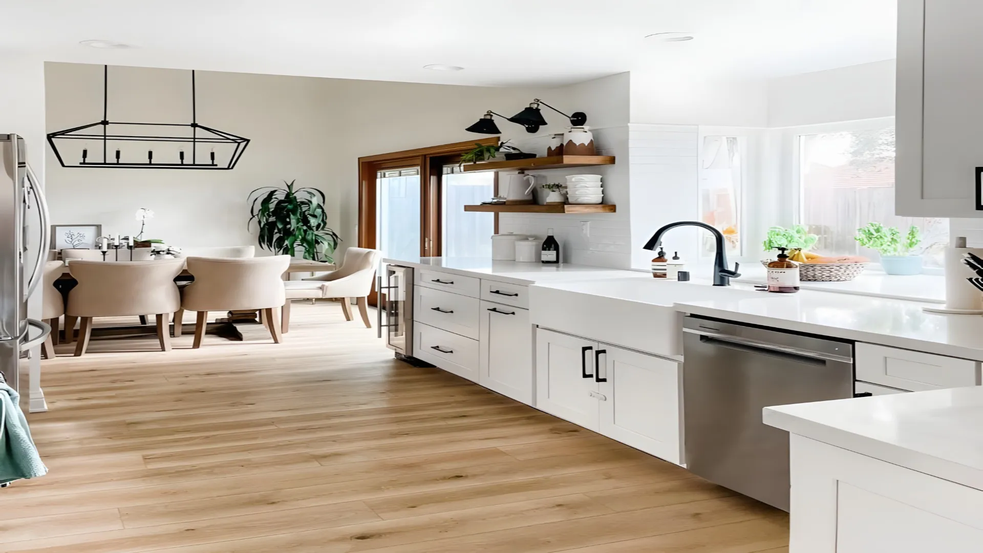 Open kitchen with white cabinets, a farmhouse sink and the dining area