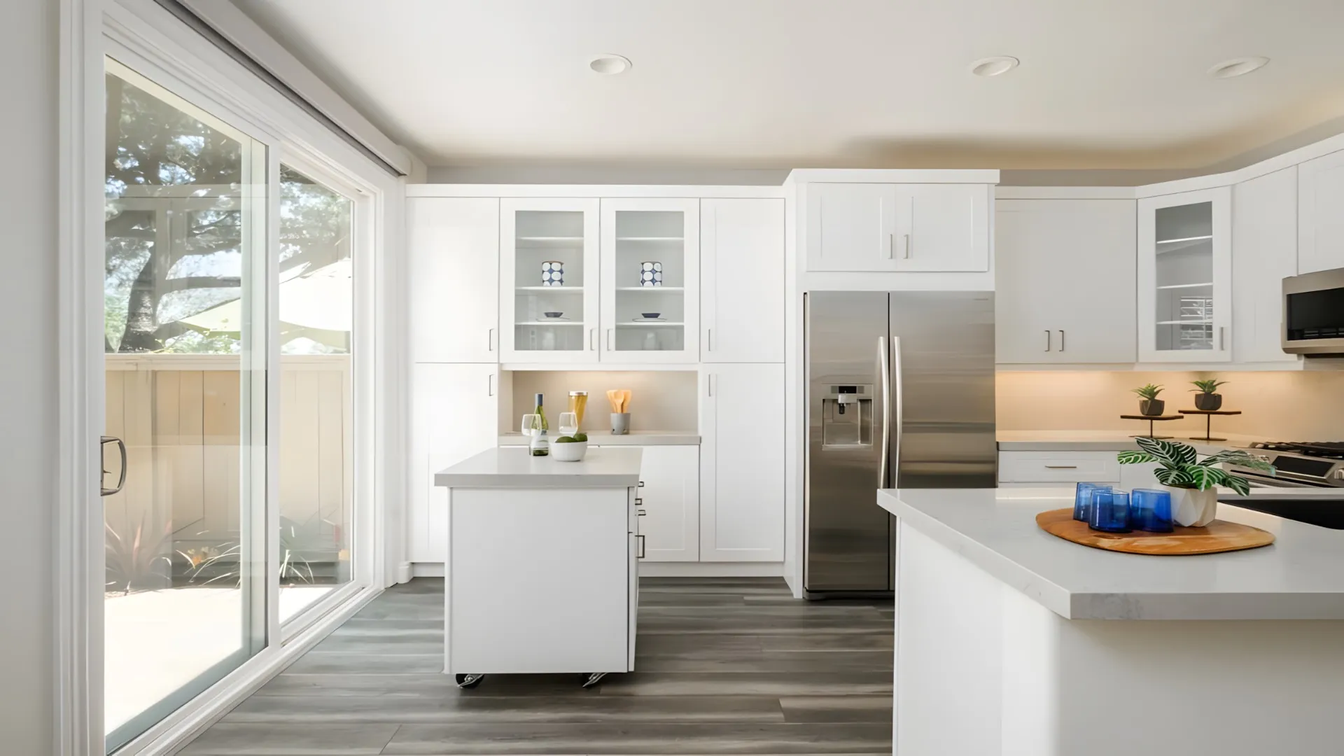 White kitchen with glass-front uppers and a sliding patio door