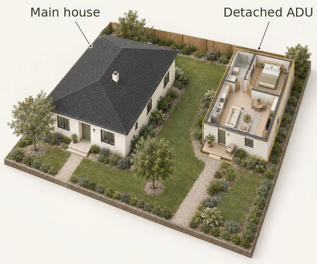 Illustration of a detached ADU behind a main house