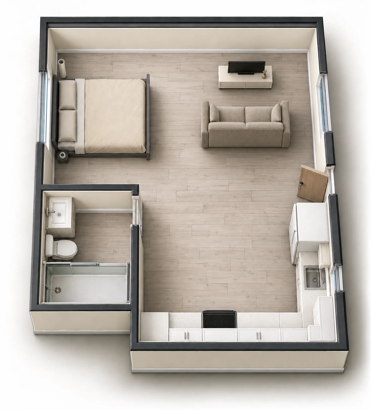 Illustration of a garage converted into a studio with a bathroom and kitchen