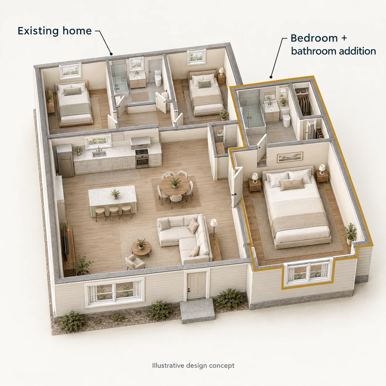 Illustration of a bedroom and bathroom added to a house