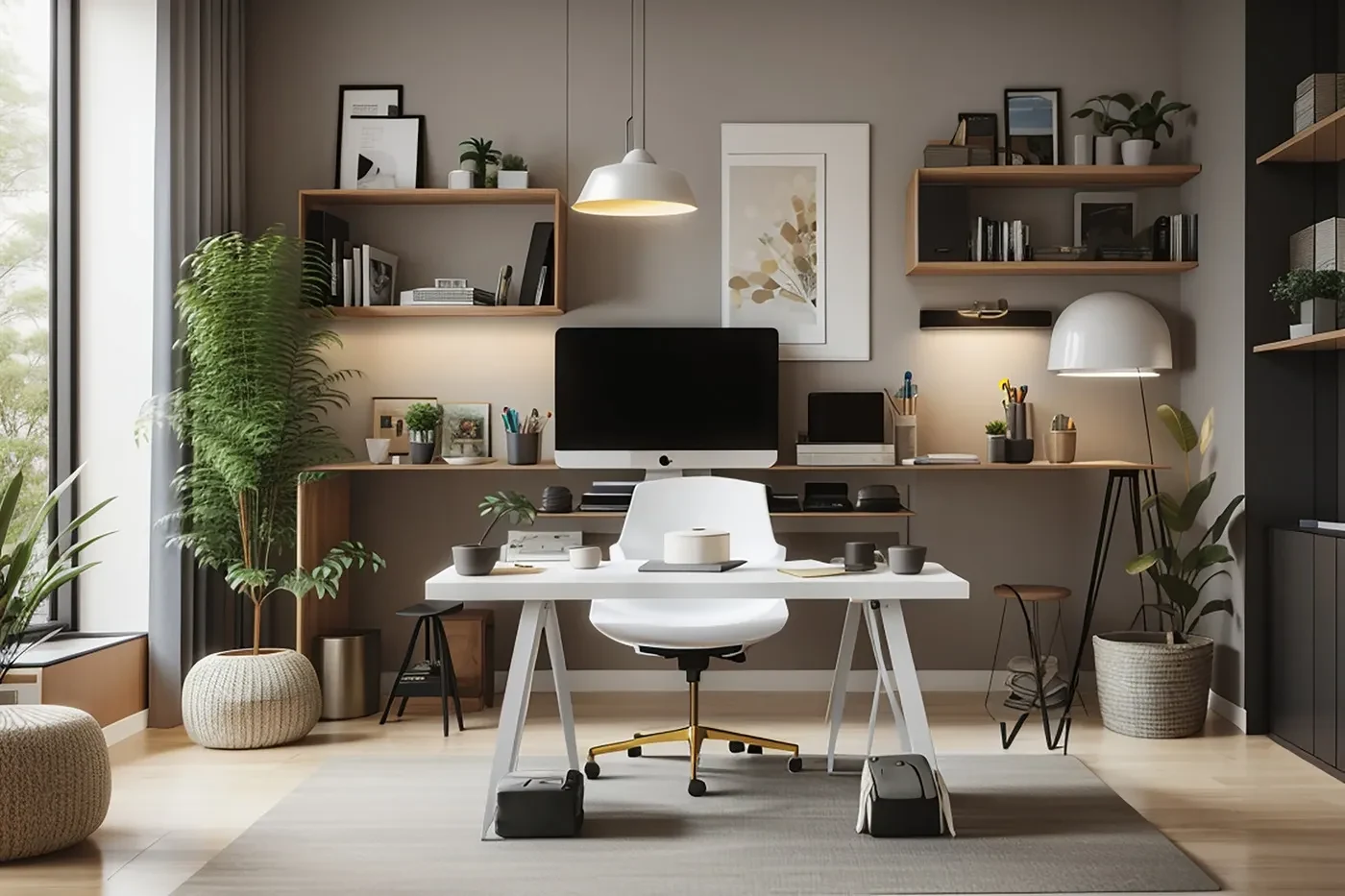 Home office with a white desk and wall shelves