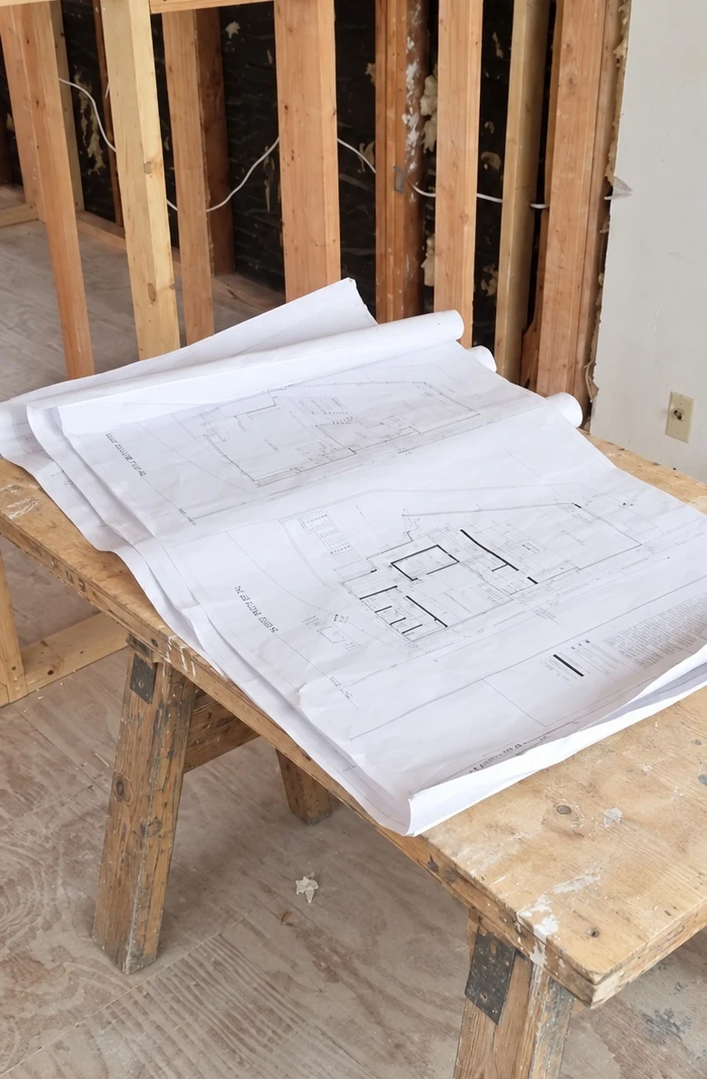 House plans on a sawhorse table in front of open framing