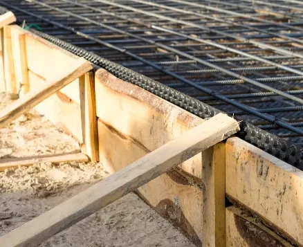 Rebar and wood forms ready for a concrete foundation