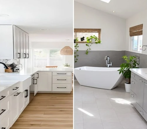 White kitchen next to a gray-tile bathroom with a freestanding tub