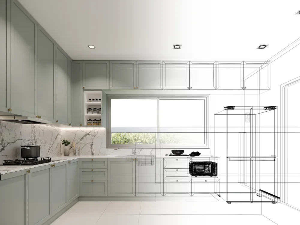 Kitchen drawing blending into a finished kitchen
