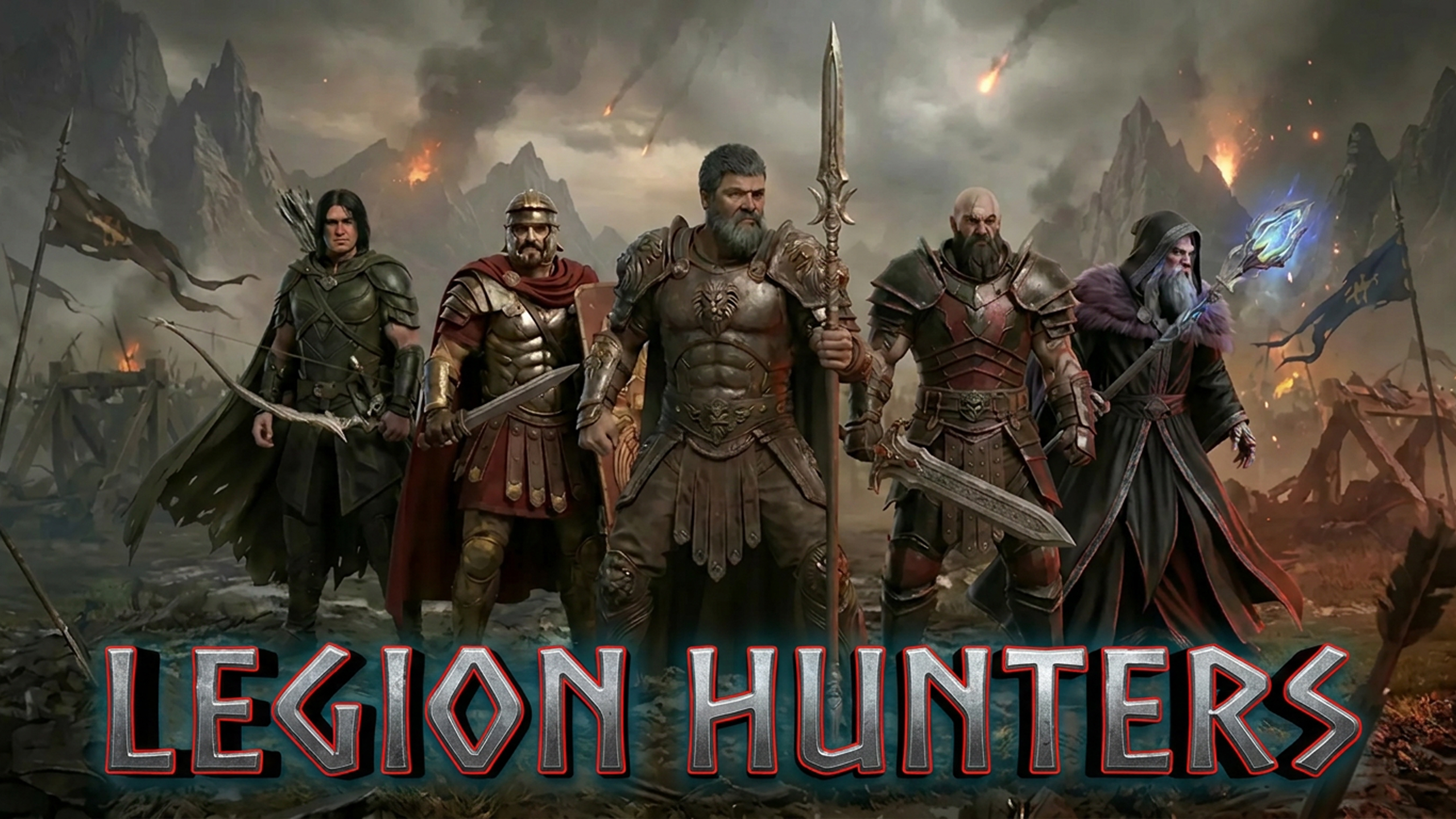 Legion Hunters key art — five armored heroes on a battlefield under the game logo