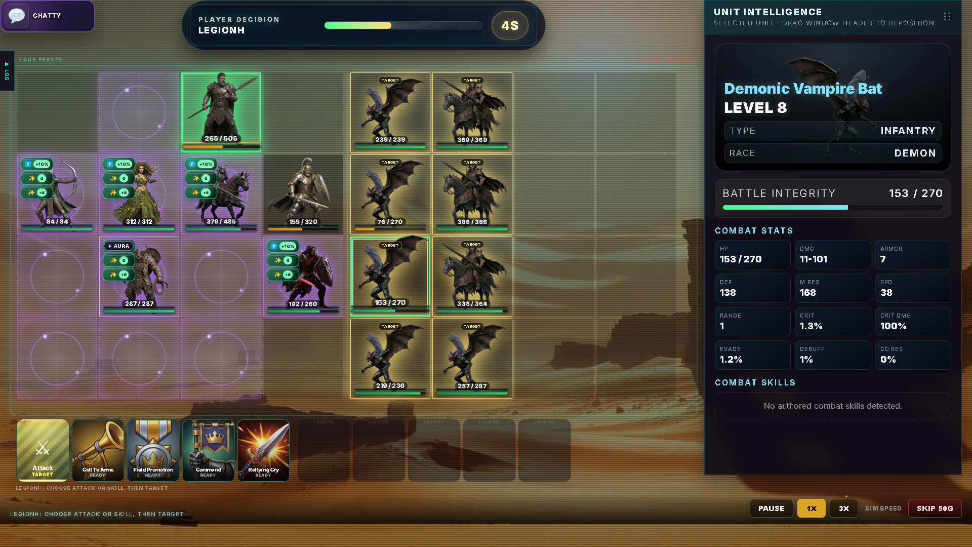 Legion Hunters tactical squad combat screen with unit intelligence panel