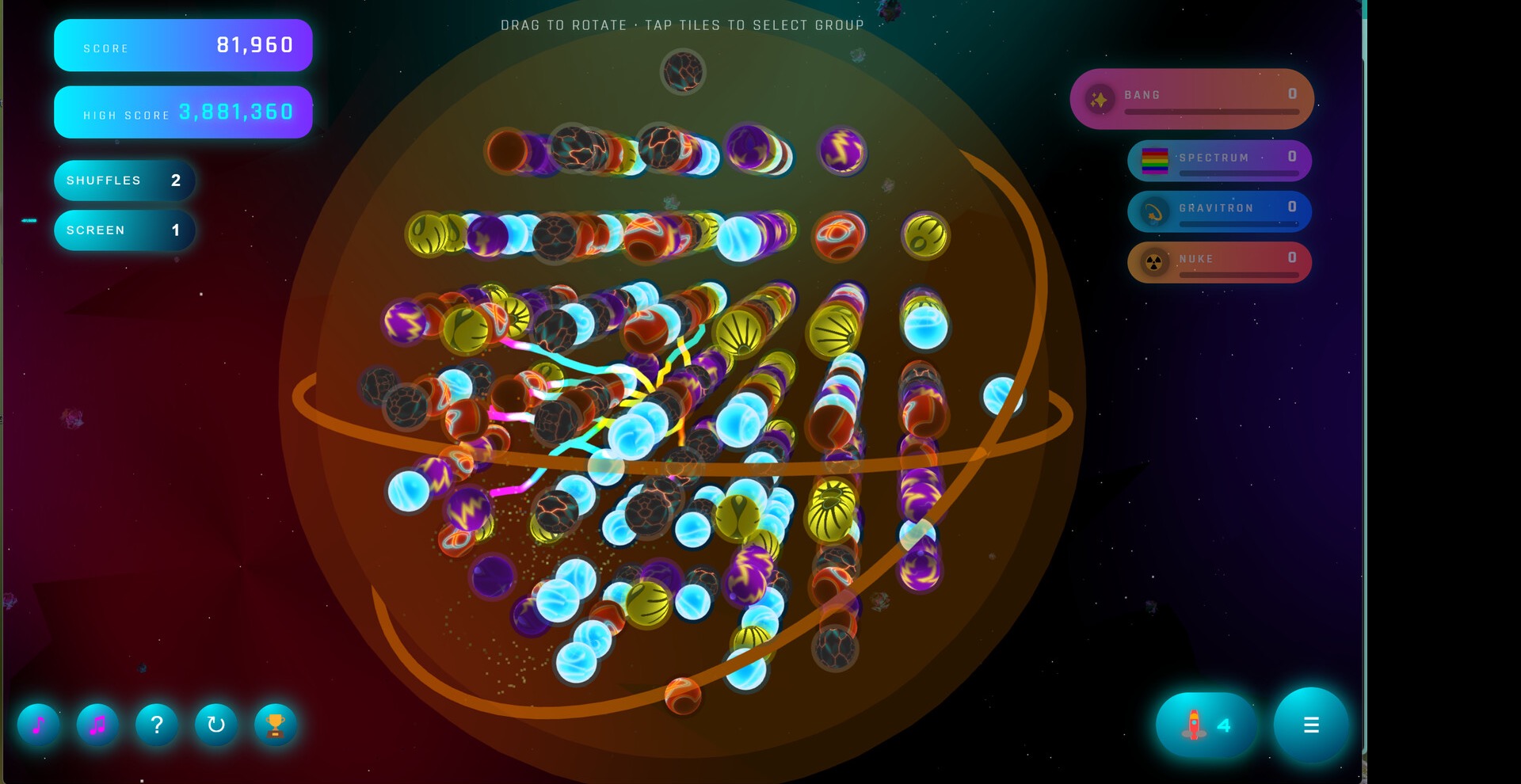Quantum Agent gameplay: a 3D matching board of glowing tiles wrapping around a planet