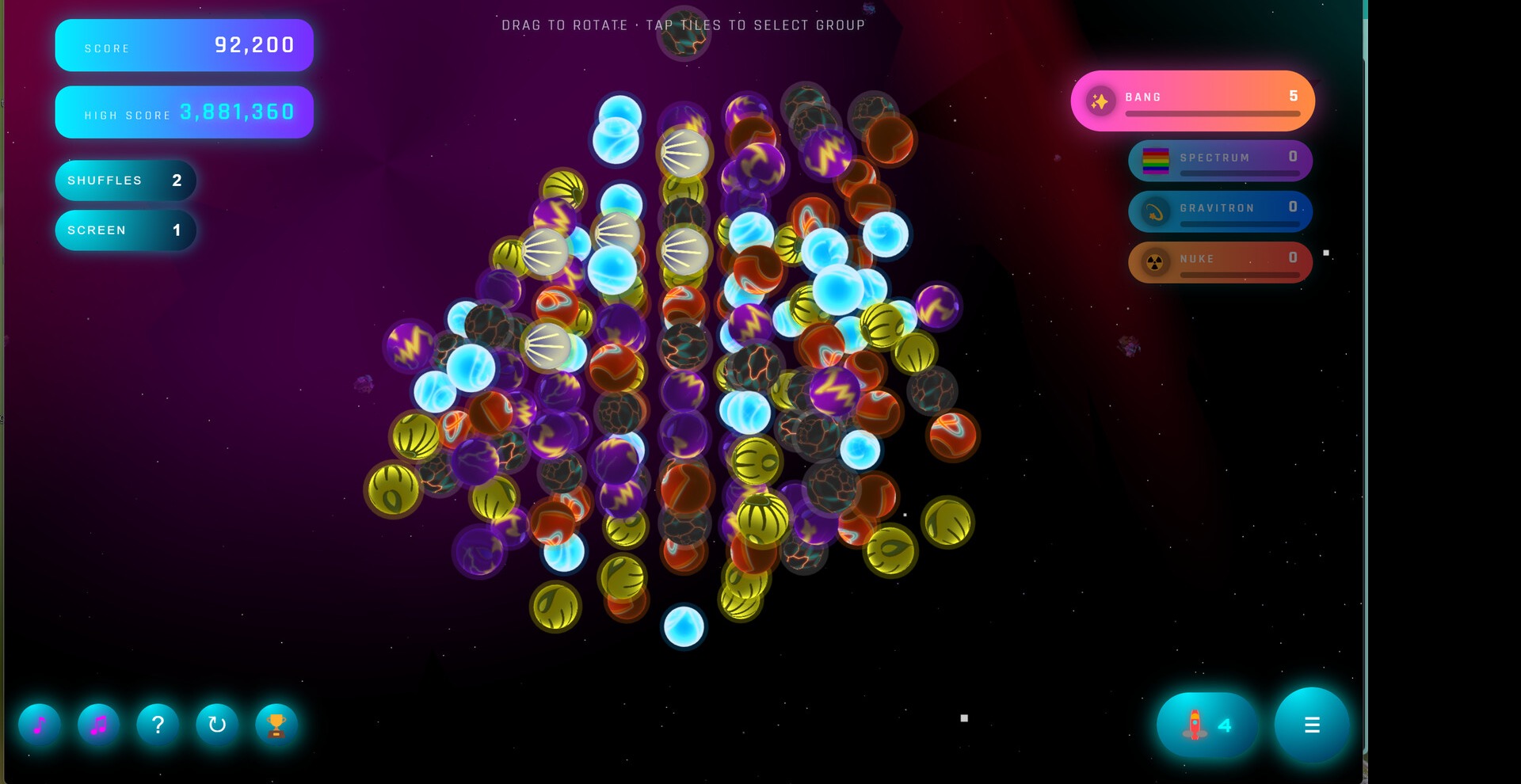 A dense 3D cluster of colorful matching tiles floating in space in Quantum Agent