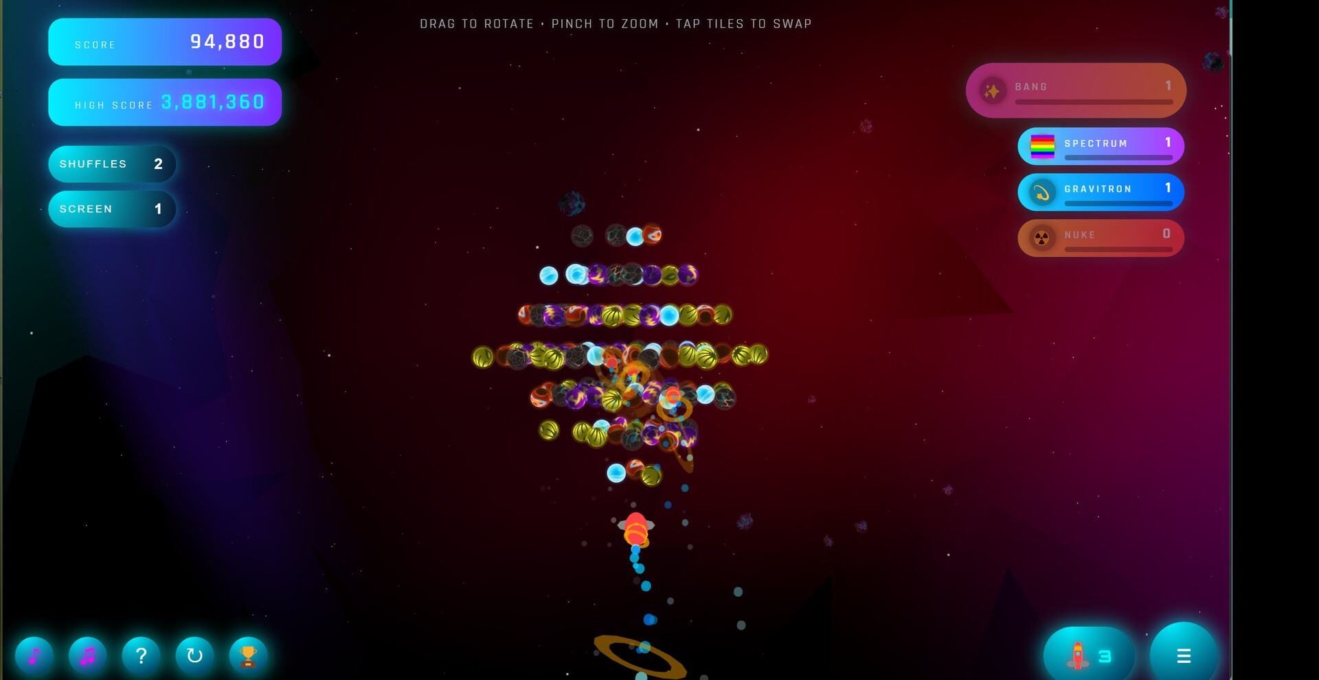 Quantum Agent 3D matching board with Bang, Spectrum, Gravitron and Nuke power-ups charging