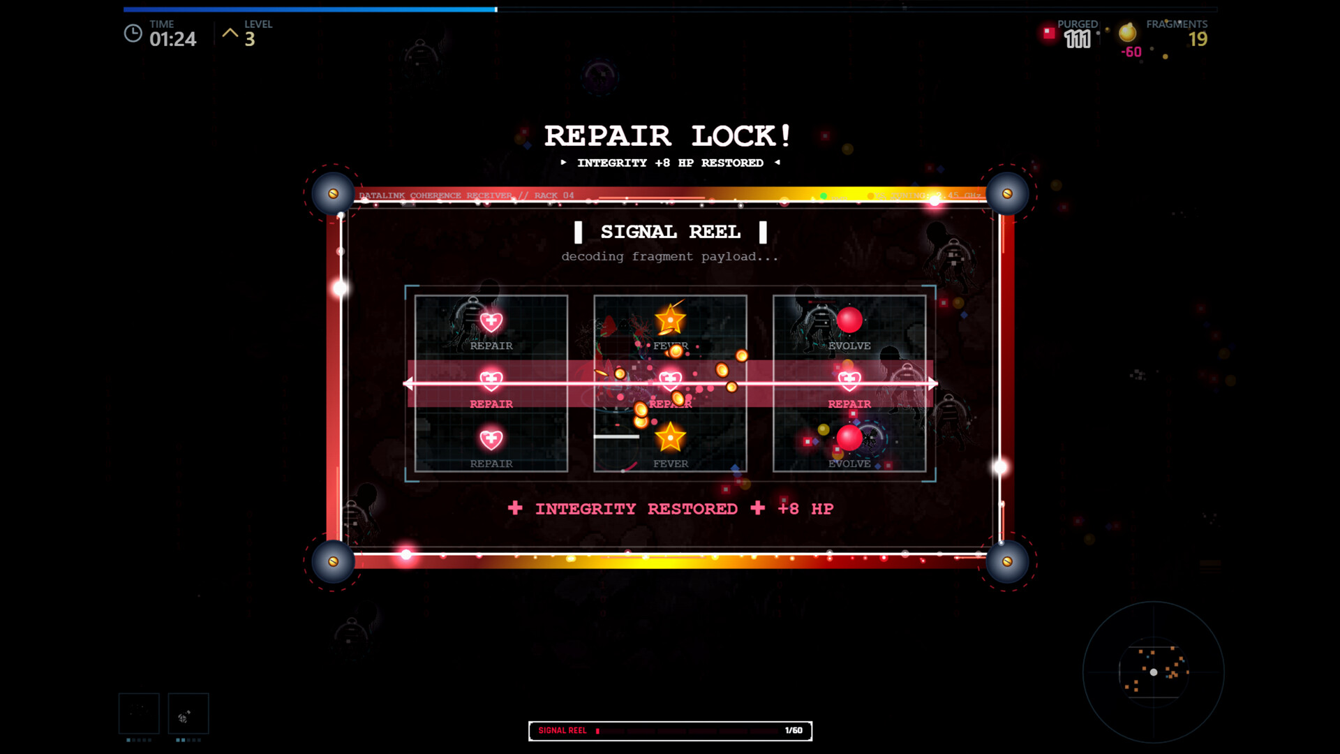Hollow Signal's Signal Reel mini-game showing Repair, Fever and Evolve slots