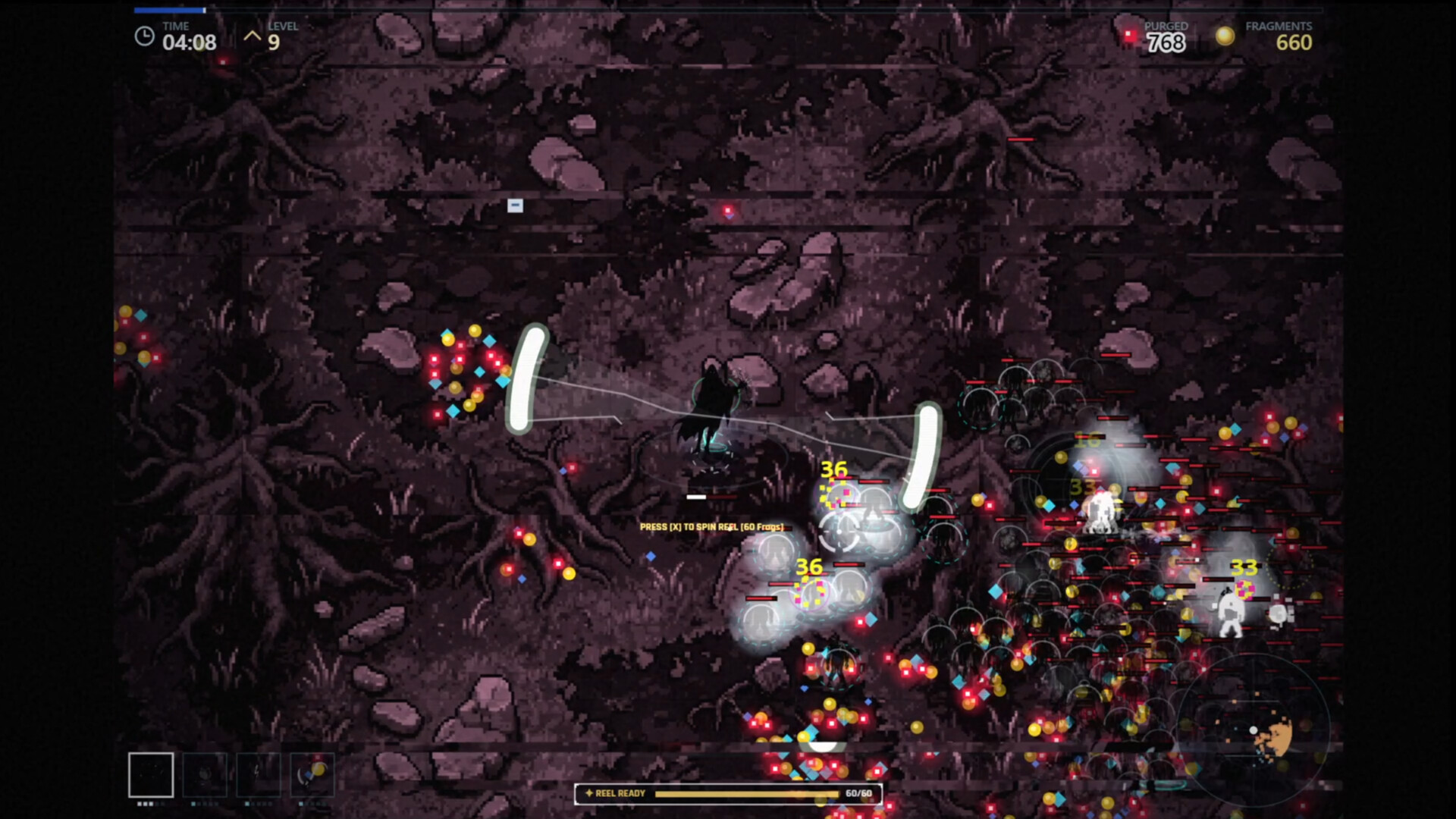 Hollow Signal combat with glowing phase-tracer trails funneling enemies