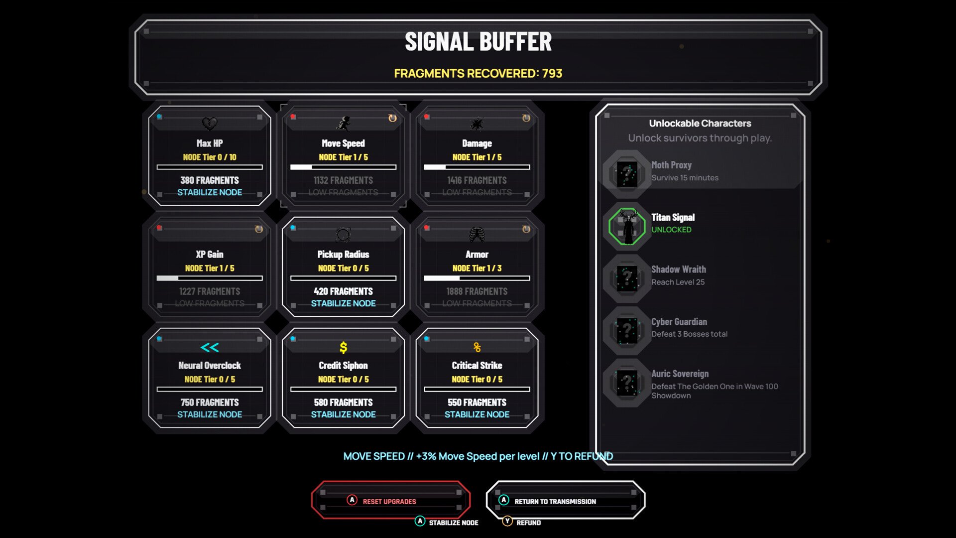 Hollow Signal's Signal Buffer upgrade screen with node upgrades and unlockable characters